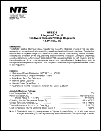 NTE934 datasheet: Integrated circuit. 3-terminal positive voltage regulator, 13.8V+-5%, 5A. NTE934