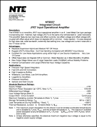NTE937 datasheet: Integrated circuit. JFET input operational amplifier. NTE937