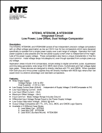 NTE943M datasheet: Integrated circuit. Low power, low offset, dual voltage comparator. NTE943M