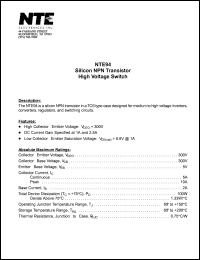 NTE94 datasheet: Silicon NPN transistor. High voltage switch. NTE94