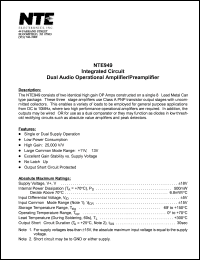 NTE949 datasheet: Integrated circuit. Dual audio operational amplifier/preamplifier. NTE949