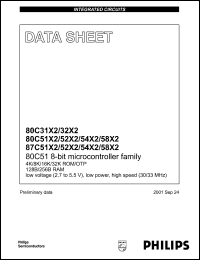 P87C58X2BA datasheet: 2.7-5.5 V, 30/33 MHz, 32K ROM/OTR 80C51 8-bit microcontroller family P87C58X2BA