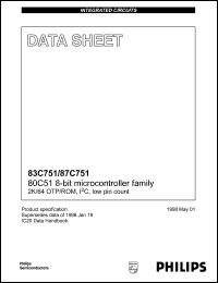 P87C751-1DB datasheet: 3.5-12 MHz, 80C51 8-bit microcontroller familly 2K/64 OTR/ROM P87C751-1DB