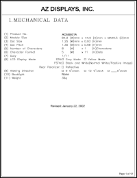 ACM0801A-RYBH-T datasheet: 0.3-6.5V; 5x11dots; 8characters; dot size:1.25x0.93mm; AZ display ACM0801A-RYBH-T