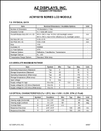 ACM1601B-RLYD-T datasheet: 0.0-6.5V; 5x7dots with cursor; 16characters x 1lines; dot size:0.55x0.75mm; AZ display ACM1601B-RLYD-T