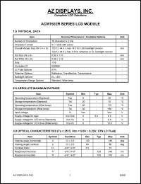 ACM1602R-RLBD-T datasheet: 0.0-6.5V; 5x7dots with cursor; 16characters x 2lines; dot size:0.92x1.10mm; AZ display ACM1602R-RLBD-T