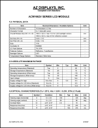 ACM1602V-RLFW-T datasheet: 0.0-6.5V; 5x7dots with cursor; 16characters x 2lines; dot size:0.92x1.10mm; AZ display ACM1602V-RLFW-T