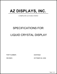 ACM1602Z-RBBW-T datasheet: 0.3-5.5V; 16characters x 2lines; dot size:0.55x0.60mm; dot pitch:0.60x0.65mm; AZ display ACM1602Z-RBBW-T