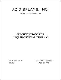 ACM2001A-RBBS-T datasheet: 0.3-7.0V; 20characters x 1lines; dot size:1.305x1.30mm; dot pitch:1.35x1.35mm; liquid crystal display ACM2001A-RBBS-T
