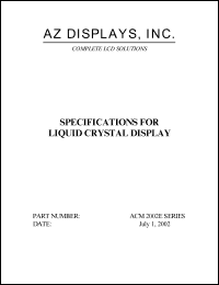 ACM2002E-RLFW-T datasheet: 2.7-5.5V; 20characters x 2lines; dot size:0.60x0.65mm; dot pitch:0.65x0.70mm; liquid crystal display ACM2002E-RLFW-T