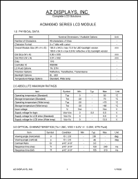 ACM4004D-REGW-T datasheet: 0.0-6.5V; 5x7dots with cursor; 40characters x 4lines; dot size:0.50x0.55mm; dot pitch:0.57x0.62mm; AZ display ACM4004D-REGW-T