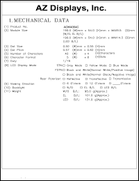 ACM4004C-RLGTD-T datasheet: 0.3-7.0V; 5x8dots; 40characters x 4lines; dot size:0.50x0.55mm; dot pitch:0.57x0.62mm; AZ display ACM4004C-RLGTD-T