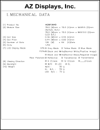 AGM1264D-RLGBW-T datasheet: 0.3-7.0V; 1.0mA; number of dots: 128 x 64dots; dot size:0.39 x 0.55mm; dot pitch:0.44 x 0.60mm; AZ display AGM1264D-RLGBW-T