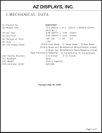 AGM1264E-RNGTH-T datasheet: 0.0-5.5V; 0.7mA; number of dots: 128 x 64dots; dot size:0.48 x 0.48mm; dot pitch:0.52 x 0.52mm; AZ display AGM1264E-RNGTH-T