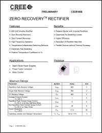 CSD01060A datasheet: 600V; 1A; zero recovery rectifier. For switch mode power supplies, power factor correction, motor control CSD01060A