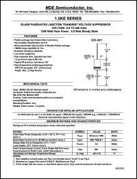 1.5KE15A datasheet: 10.00V; 1mA ;1500W peak pulse power; glass passivated junction transient voltage suppressor 1.5KE15A