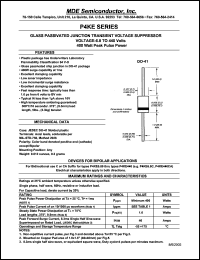 P4KE6.8 datasheet: 5.50V; 10mA ;400W peak pulse power; glass passivated junction transient voltage suppressor (TVS) diode. For bipolar applications P4KE6.8