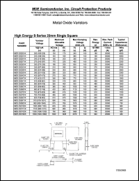 MDE-25S821K datasheet: 820V; max peak current:20000A; metal oxide varistor. Standard S series 25mm disc MDE-25S821K