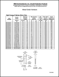 MDE-25D241K datasheet: 240V; max peak current:18000A; metal oxide varistor. Standard D series 25mm disc MDE-25D241K