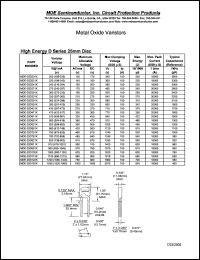 MDE-25D361K datasheet: 360V; max peak current:20000A; metal oxide varistor. Standard D series 25mm disc MDE-25D361K