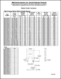 MDE-34S201K datasheet: 200V; max peak current:40000A; Tmax=11; metal oxide varistor. High energy series 34mm single square MDE-34S201K