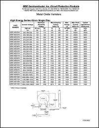MDE-40D361K datasheet: 360V; max peak current:40000A; metal oxide varistor. High energy series 40mm single disc MDE-40D361K