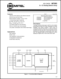 MT093AC datasheet: 4.5-14.5V; ISO CMOS: 8 x 12 analog switch array. For PBX systems; mobile radio; test equipment; analog/digital multiplexers; audio/video switching MT093AC