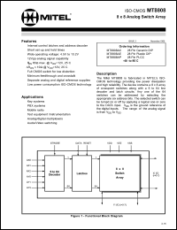 MT8808AC datasheet: 4.5-13.2V; 15mA; 8 x 8 analog switch array. For key systems, PABX and key systems, mobile radio, test equipment/instrumentation, analog/digital multiplexers, audio/video switching MT8808AC