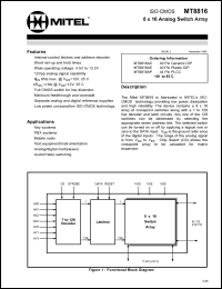 MT8816AE datasheet: 4.5-13.2V; 15mA; 8 x 16 analog switch array. For key systems, PABX and key systems, mobile radio, test equipment/instrumentation, analog/digital multiplexers, audio/video switching MT8816AE