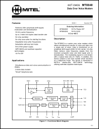 MT8840AE datasheet: 5V; 2.5mA; data over voice modem. For simultaneous data and voice communication in PABXs, 2kbits/s data modem, smart telephone sets MT8840AE