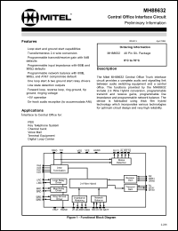 MH88632 datasheet: 0.3-7V; central office SLIC. For PBX, channel bank, intercom, key system, voice mail, terminal equipment, digital loop carrier MH88632