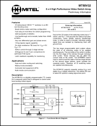 MT88V32AP datasheet: 0.3-15V; 15mA; 8 x 4 high performance video switch array. For high-end video routing and switching, medical instrumentation, automatic test equipment (ATE), multi-media communication MT88V32AP