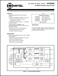 MT8920BE datasheet: 0.3-7.0V; 25mA; ST-BUS parallel acess circuit. For digital signal processor interface to ST-BUS, computer to digital PABX link, voice store and forward systems, interprocessor communications MT8920BE