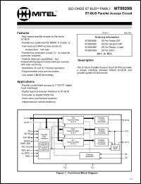 MT8920BP datasheet: 0.3-7.0V; 25mA; ST-BUS parallel acess circuit. For digital signal processor interface to ST-BUS, computer to digital PABX link, voice store and forward systems, interprocessor communications MT8920BP