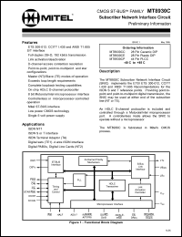 MT8930CC datasheet: 0.3-7.0V; 20mA; subscriber network interface cicuit. For ISDN NT1, ISDN S or T interface, ISDN terminal adaptor (TA), digital sets (TE1) - 4 wire ISDN interface, digital PABXs, digital line cards (NT2) MT8930CC