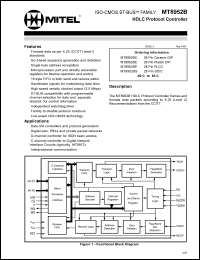 MT8952BC datasheet: 0.3-7.0V; 25mA; HDLC protocol controller. For data link controllers and protocol generators, digital sets, PBXs and private packet networks, D-channel controller dor ISDN basic access MT8952BC