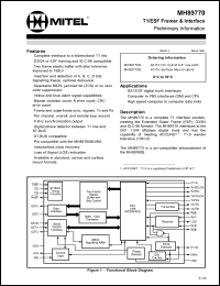 MH89770S datasheet: 0.3-7.0V; 40mA; T1/ESF framer & interface circuit. For DS1/ESF digital trunk interfaces, computer to PBX interfaces (DMI and CPI), high speed computer to computer data links MH89770S