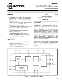 MT9042AP datasheet: 0.3-7.0V; 150mA; global digital trunk synchronizer. For sycnhronization and timing control for T1 and E1 digital transmission links, ST-BUS clock and frame pulse sources, primary trunk rate converters MT9042AP