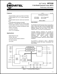 MT9160AE datasheet: 0.3-7V; 20mA; multi-featured codec. For pair gain, voice mail systems, wireless set base stations MT9160AE