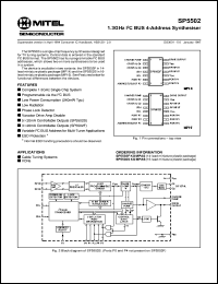 SP5502FKGMPAS datasheet: 1.3GHz I2C BUS 4-address synthesiser. For cable tuning systems, VCRs SP5502FKGMPAS