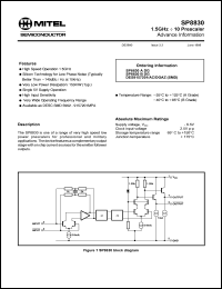 SP8830 datasheet: 6.5V; 1.5GHz+10 prescaler SP8830