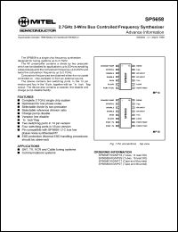 SP5658MP1S datasheet: 0.3-7.0V; 2.7GHz 3-wire bus controlled frequency synthesiser. For SAT, TV, VCR, cable tuning systems SP5658MP1S