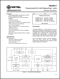 MH88617AT-PI datasheet: 0.3-6.0V; programmable SLIC with ringing amplification. For PABX/key telephone system, analog terminal adaptors, pair gain system, fibre in the loop/wireless local loop MH88617AT-PI