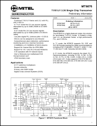 MT9076AB datasheet: T1/E1/J1 3.3V single chip transceiver. For E1/T1 add/drop multiplexers MT9076AB