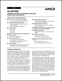 AM29F040-90PE datasheet: 4 Megabit (524,288 x 8-bit) CMOS 5.0 volt-only, sector erase flash memory, 90ns AM29F040-90PE