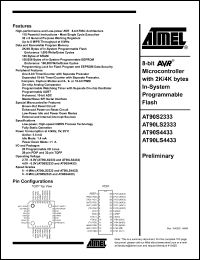 AT90S4433-8AI datasheet: Microcontroller, in-system programmable flash=4K, EEPROM=256B, SRAM=128B, voltage range=4.0V - 6.0V, 8 MHz AT90S4433-8AI