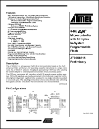 AT90S8515-4PI datasheet: 8-bit microcontroller with 8K bytes in-system programmable flash, 2.7 - 6.0V, 4 MHz AT90S8515-4PI