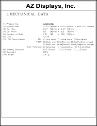 AGM2412B-RCFBH-T datasheet: 0.0-5.5V; number of dots: 240 x 128dots; dot size:0.47 x 0.47mm; dot pitch:0.5 x 0.5mm; AZ display AGM2412B-RCFBH-T