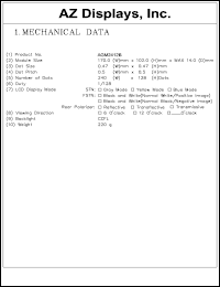 AGM2412B-FCBBW-T datasheet: 0.0-5.5V; number of dots: 240 x 128dots; dot size:0.47 x 0.47mm; dot pitch:0.5 x 0.5mm; AZ display AGM2412B-FCBBW-T