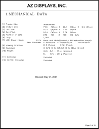 AGM2416A-REFBD-T datasheet: 0.3-6.5V; number of dots: 240 x 160dots; dot size:0.23 x 0.23mm; dot pitch:0.24 x 0.24mm; AZ display AGM2416A-REFBD-T